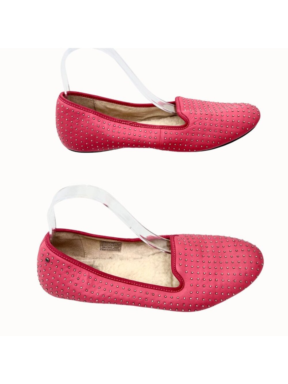 UGG ALLOWAY PINK LEATHER SILVER STUDDED SHEARLING FLATS - 10